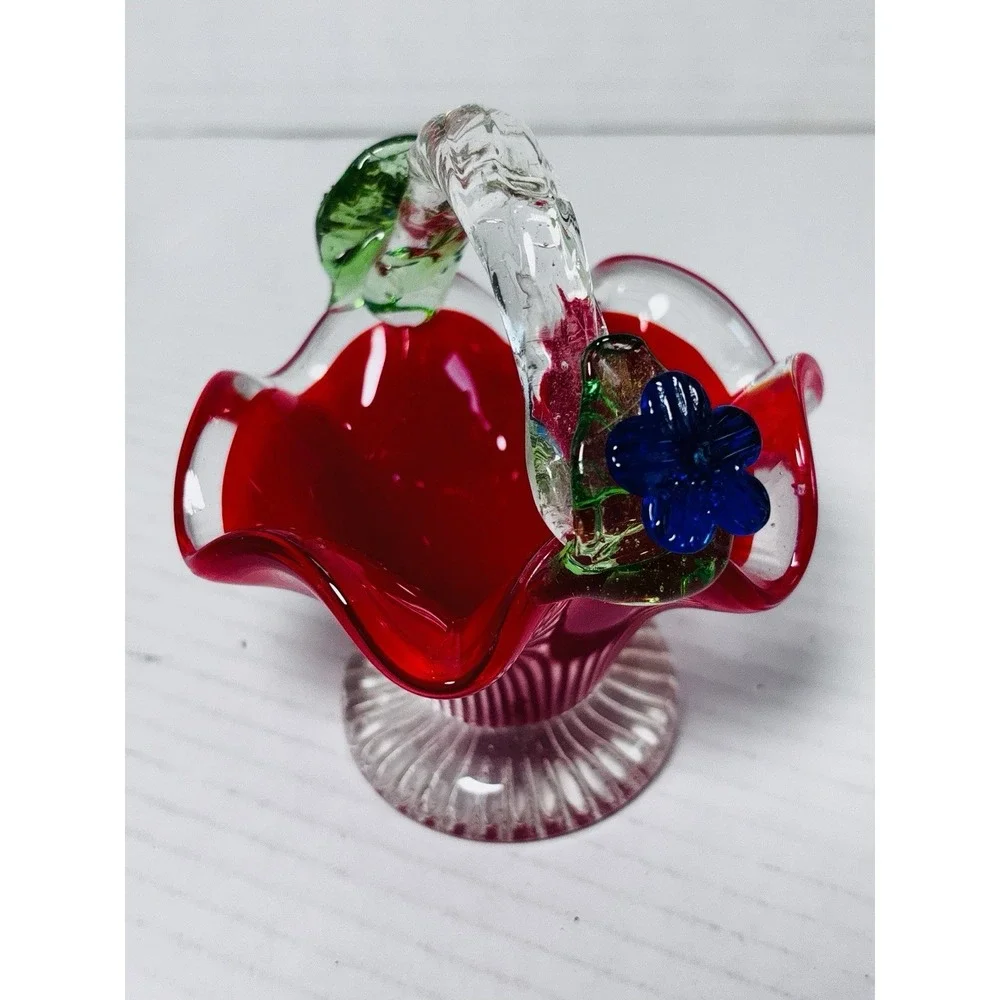 Vintage Murano Style Art Glass Basket Set Blue Red Pedestal Bowls Floral Handles